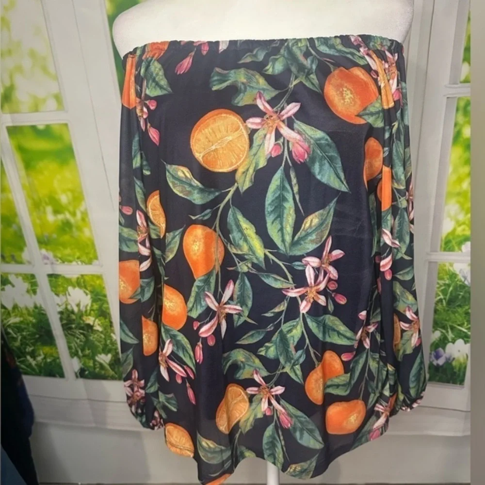 G by Giuliana Orange Citrus Floral Black Off Shoulder Mesh Blouse Long Sleeve XS - Picture 2 of 4